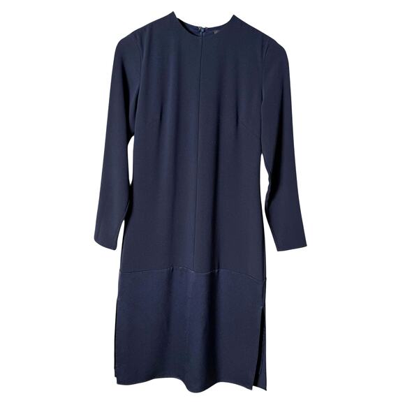 Jenni Kayne Navy Crewneck Long Sleeve Shift Midi Dress Side Slits Silk Lined, XS - Picture 2 of 14